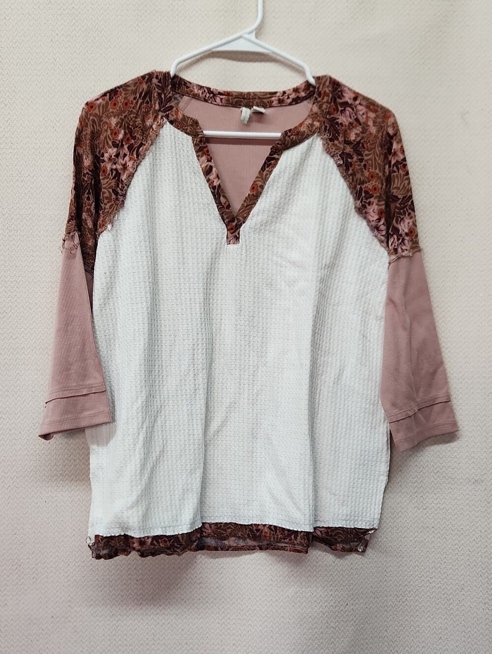 Cato White Waffle Knit Top with Dusty Rose Raglan Sleeves